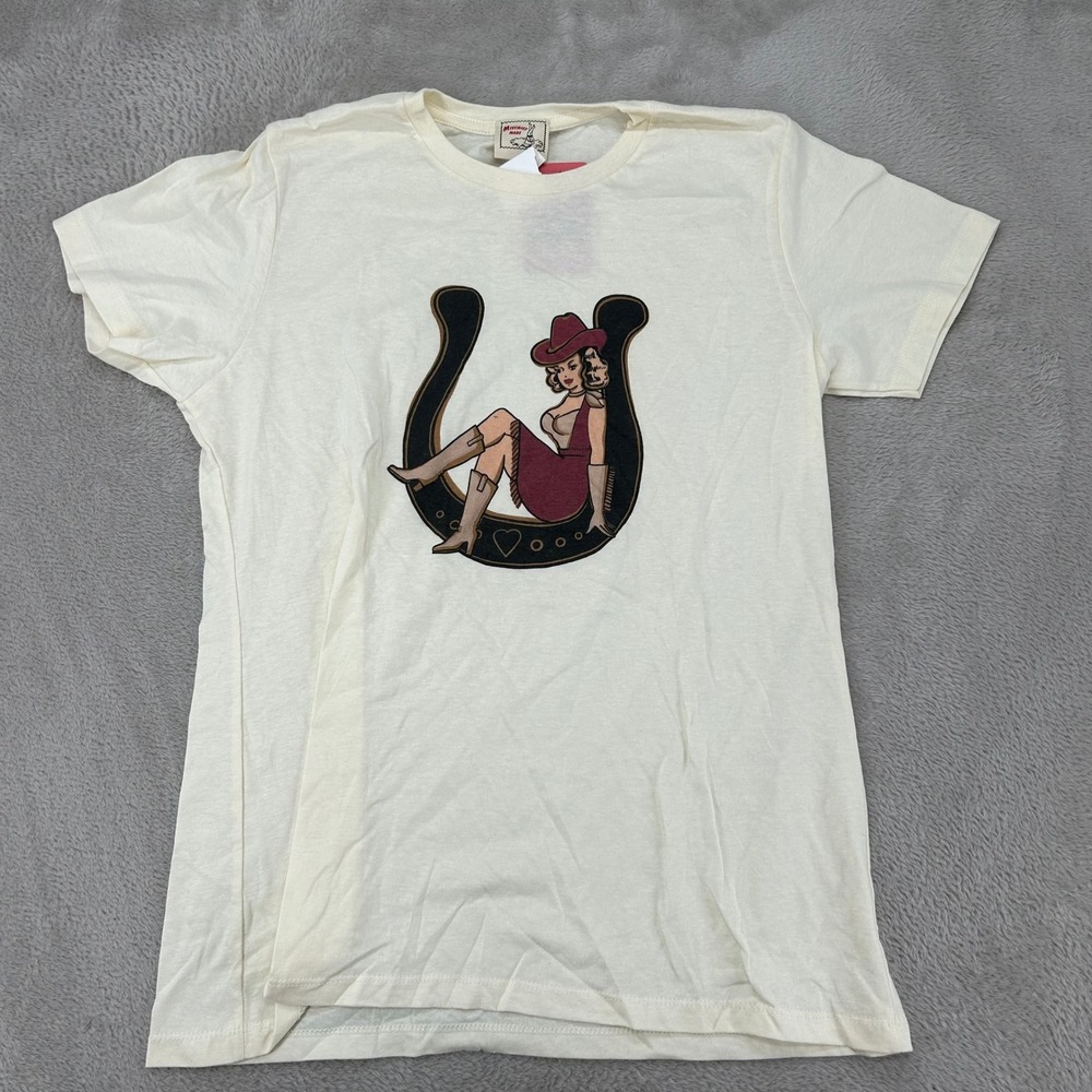 NWT Mischief Made Lady Luck Cowgirl Horseshoe Fitted Shirt Womens XL Ivory USA‎
